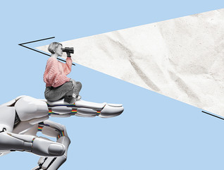 Collage of a robot hand with a human on one finger