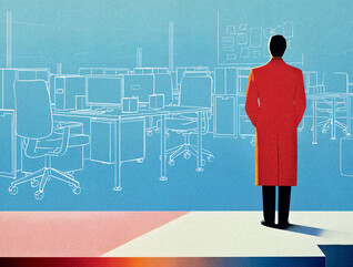 Abstract image of a man with a red coat in a cybersecurity environment