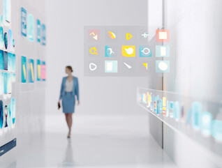 Abstract image of a woman walking in an office setting