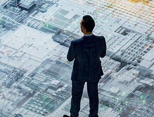 Businessman in a quantum computing environment