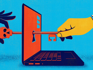 Abstract image of a computer with two hands reaching for one key