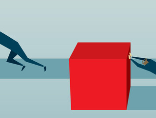 Abstract image of people pushing red squares and a circle.