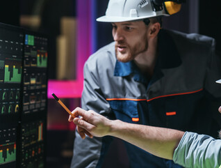Engineers reviewing data