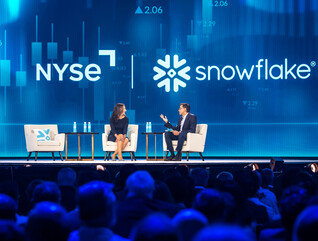 Photo of Lynn Martin President of NYSE and Sridhar Ramaswamy CEO of Snowflake 