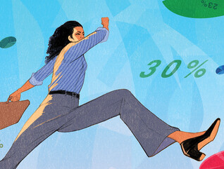 Illustration of a woman walking in an abstract sky full of data and numbers