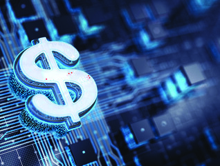 Digital dollar sign against tech backdrop