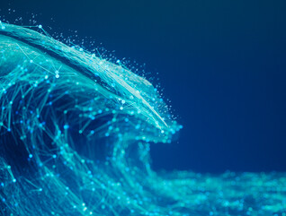 Visualization of an ocean wave created with glowing network nodes and lines on a deep blue background