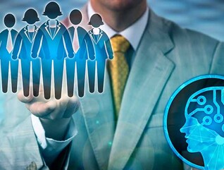 Manager lifting an illustration of people over AI