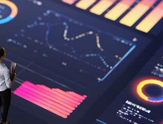 People standing on digital screen