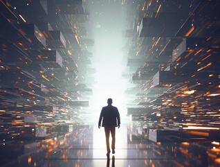 Person walking through data particles