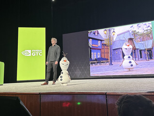 Moritz Bächer, lab director of Disney Research, with robot Olaf at NVIDIA GTC