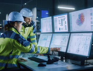 Two factory workers point to computer screens.