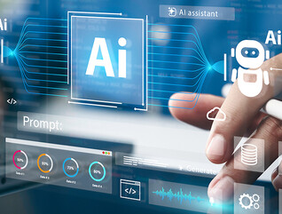 Man using a laptop and AI assistant dashboard