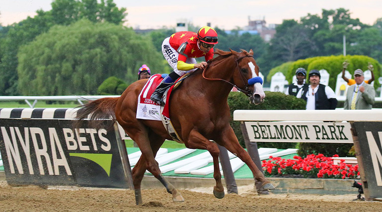 Justify winning the Triple Crown in the 2018 Belmont Stakes 