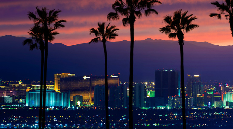 View of the Las Vegas strip skyline at sunset with palm trees