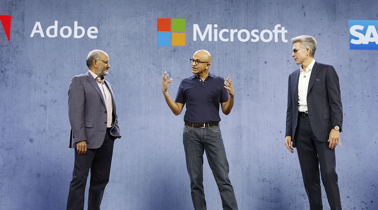 Shantanu Narayen, CEO, Adobe; Satya Nadella, CEO, Microsoft; and Bill McDermott CEO, SAP, at Microsoft Ignite 2018
