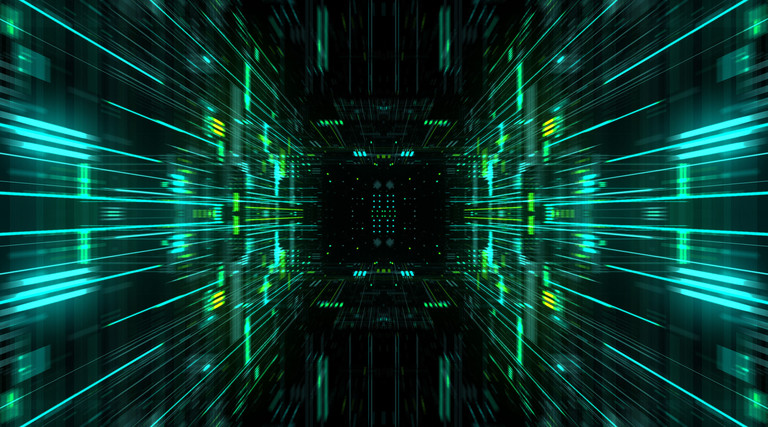 Abstract futuristic sci fi warp tunnel with particle grid.