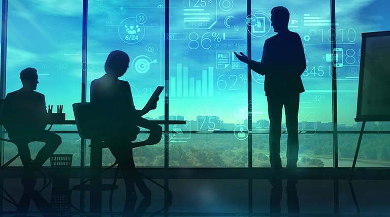 The illustration shows the silhouettes of the speaker holding the corporate presentation and listeners.