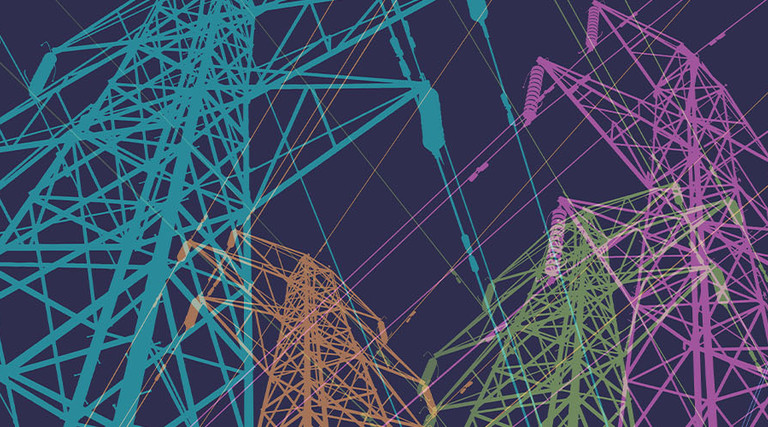 Colorful overlapping silhouettes of Electricity Pylons