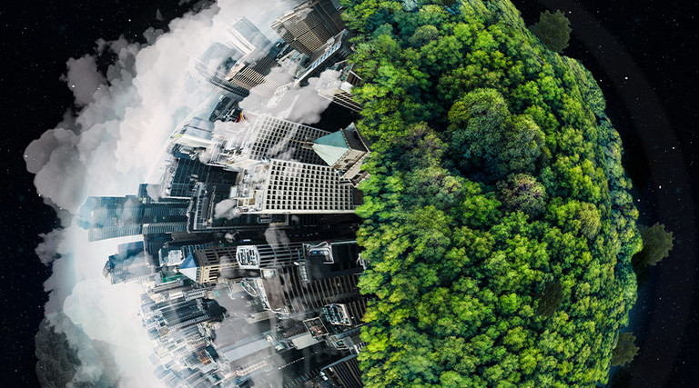 A globe covered in trees and a city