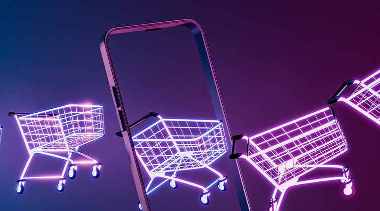 abstract image of a phone and shopping cards to illustrate unified commerce