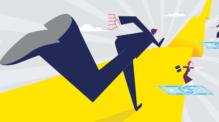 Abstract illustration animated of a man reaching down a yellow road