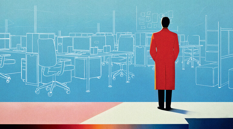 Abstract image of a man with a red coat in a cybersecurity environment