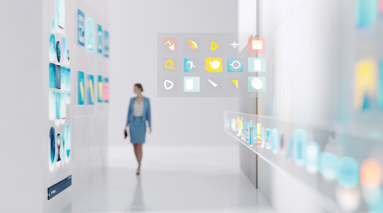 Abstract image of a woman walking in an office setting