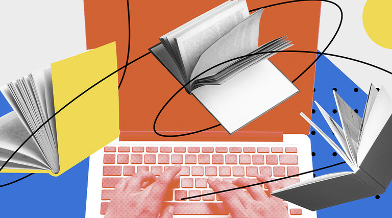 Illustration of person working on laptop with books overlaying image