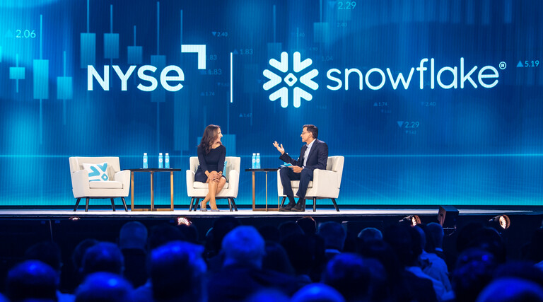 Photo of Lynn Martin President of NYSE and Sridhar Ramaswamy CEO of Snowflake 
