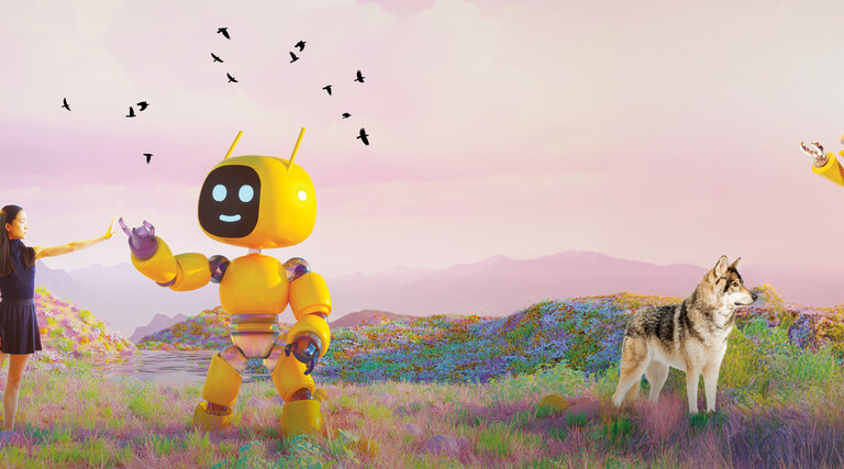 Colorful AI bots in a fairy tale background