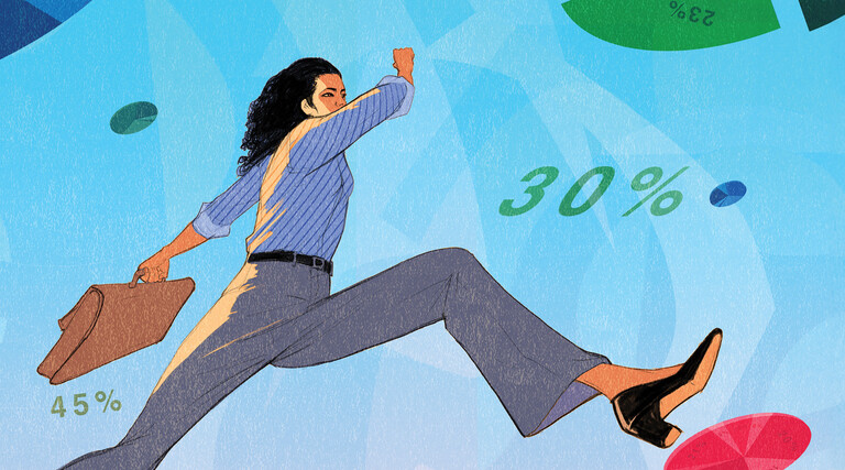 Illustration of a woman walking in an abstract sky full of data and numbers