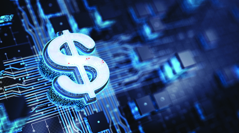Digital dollar sign against tech backdrop