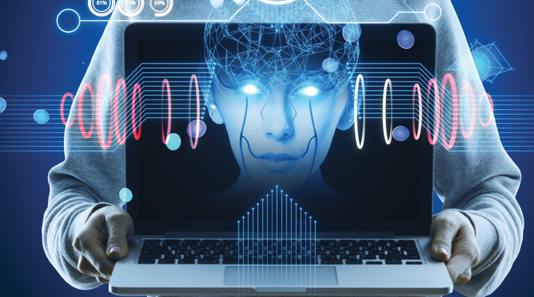 Hacker holding computer with floating face representing AI cyberattacks