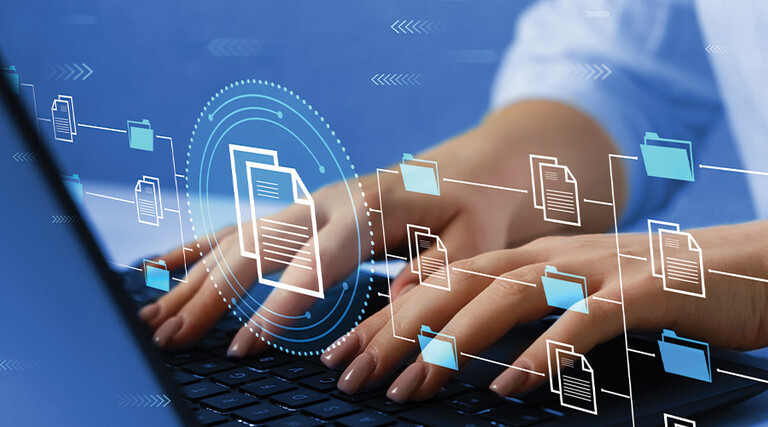 woman's hands typing on laptop
