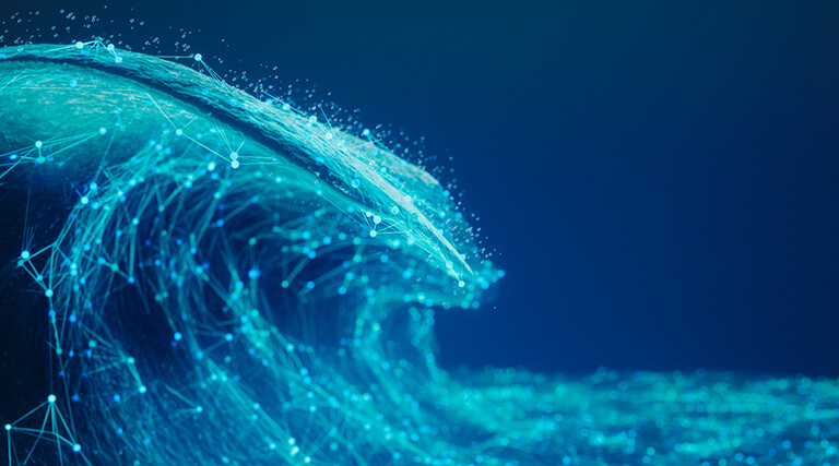 Visualization of an ocean wave created with glowing network nodes and lines on a deep blue background