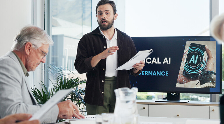 Group of people having AI governance discussion