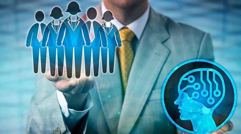 Manager lifting an illustration of people over AI