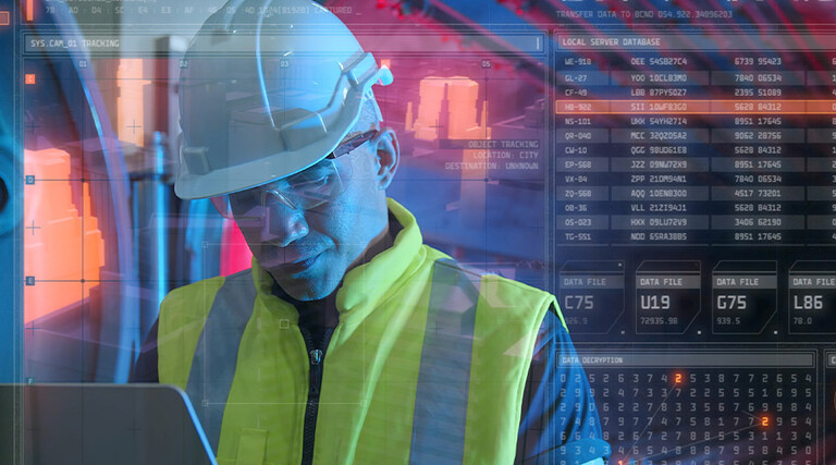 Utility worker using technology