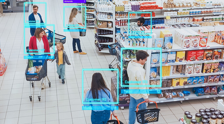Cameras watching shoppers in a grocery store