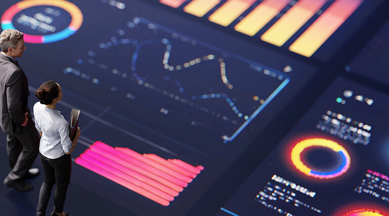 People standing on digital screen