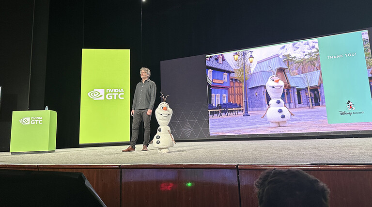 Moritz Bächer, lab director of Disney Research, with robot Olaf at NVIDIA GTC