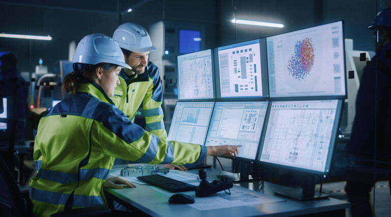 Two factory workers point to computer screens.
