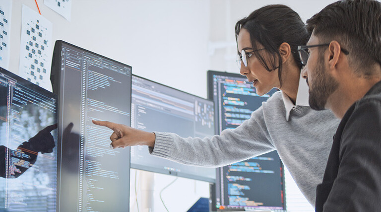two people look at computer monitors