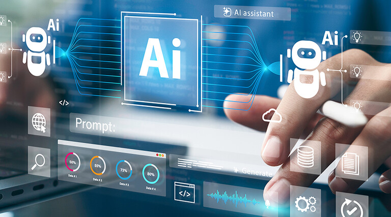 Man using a laptop and AI assistant dashboard