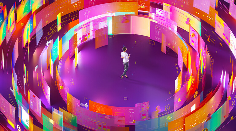 Person surrounded by screens