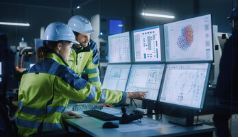 Two factory workers point to computer screens.