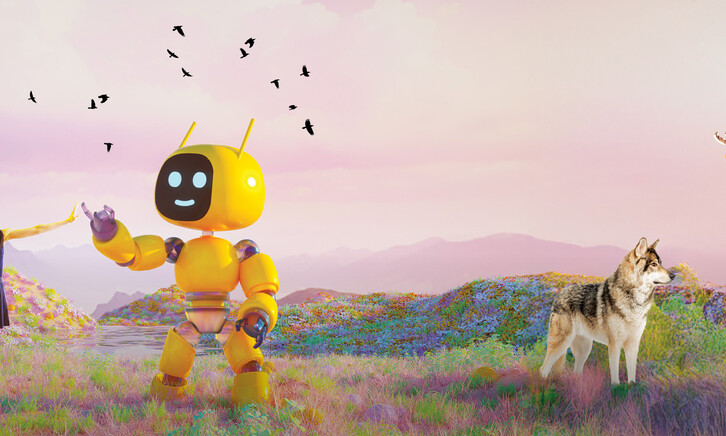 Colorful AI bots in a fairy tale background