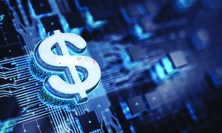 Digital dollar sign against tech backdrop