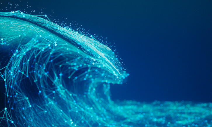 Visualization of an ocean wave created with glowing network nodes and lines on a deep blue background